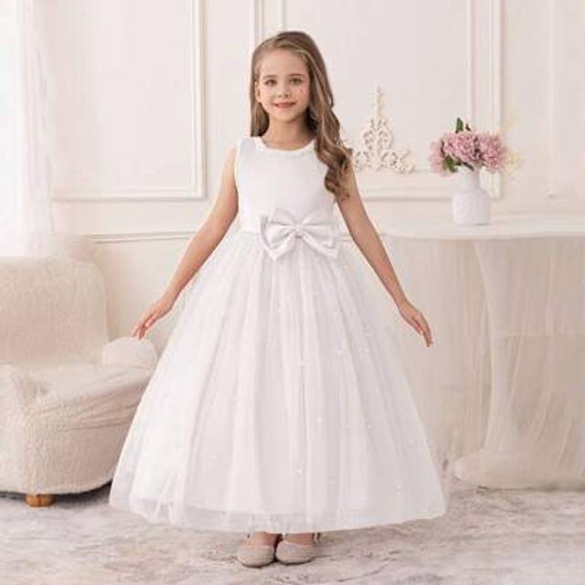 SHEIN Tween Girl White Tulle Wedding Pageant Bridesmaid Party Dresses