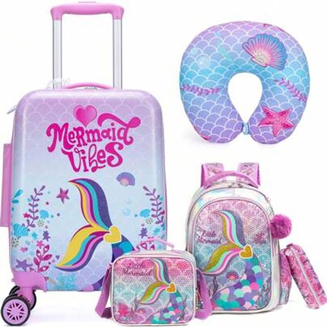 SHEIN 5 PCS Cute Luggage Backpack For Students With Wheels Travel Bag For Kids Girls Suitcase Children Backpack Pink Cartoon (The Neck Pillow Handle Is Ship