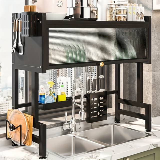 TEMU Over- The- Sink Dish Rack With Lid- Large Capacity, Space- Saving, Ideal For Plates, Bowls& Utensils- Durable Metal