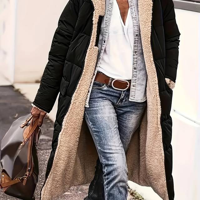 TEMU Women's Casual Long Puffer Coat, 100% Polyester, Solid Color, Loose Fit, Long Sleeve With Pockets, Non-stretch Woven Fabric, Regular Sleeve - Winter Outerwear