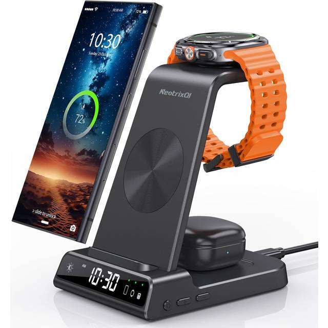 Trådlös laddare för Samsung Galaxy S25 Ultra, induktiv laddningsstation för Samsung Galaxy Watch Ultra 7 6, laddare med digital klocka för Samsung Galaxy S24/S23/S22, Galaxy Buds Pro 2 (Svart)