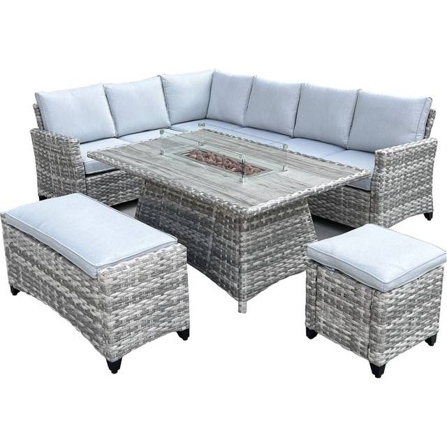 The Maldives 8 Seat Corner Gas Firepit Rattan Dining Set - Grey