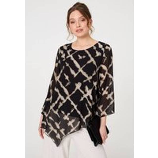 Printed Asymmetric Semi Sheer Tunic Top - Black - 10