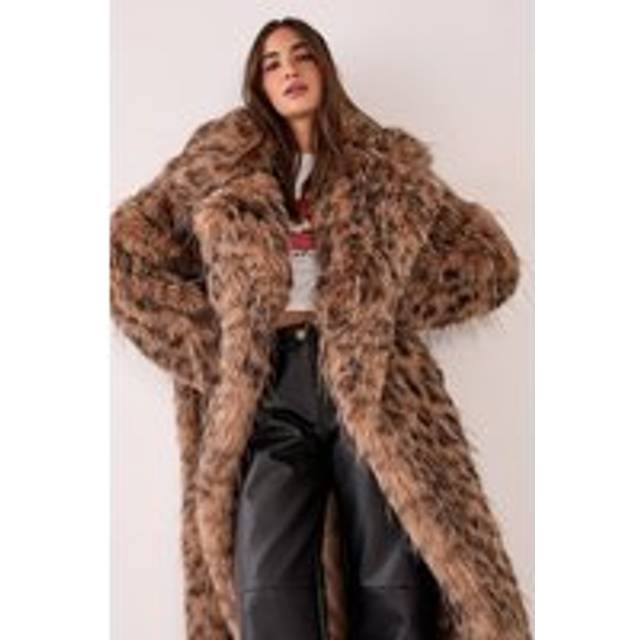 Nasty Gal Women's Animal Leopard Print Collared Faux Fur Longline Coat in Brown | Size: Large/XL - L/XL
