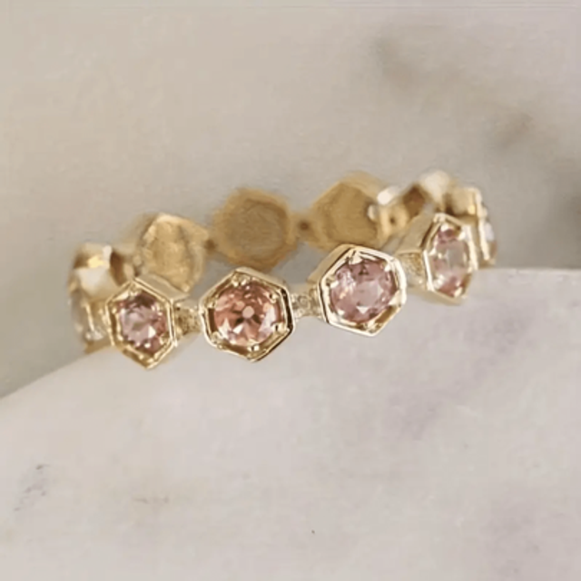 SHEIN Elegant 14K Gold Plated Pink Synthetic Zirconia Oval Cut Halo Engagement/Wedding Ring, Ideal Anniversary Gift, Proposal Gift For Women