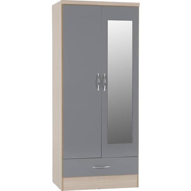 Nevada Mirrored 2 Door 1 Drawer Wardrobe in Grey Gloss
