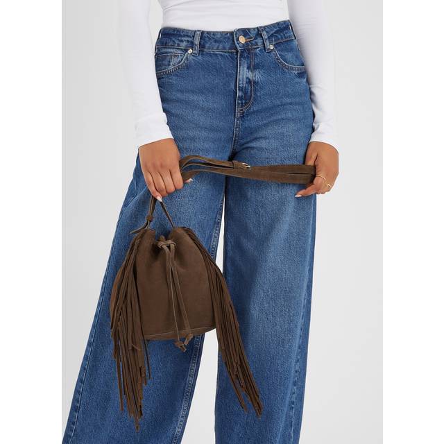 Suede Fringe Bucket Bag - Chocolate - One Size