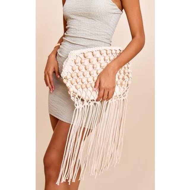 Cream Beaded Weave Clutch Bag, White - One Size