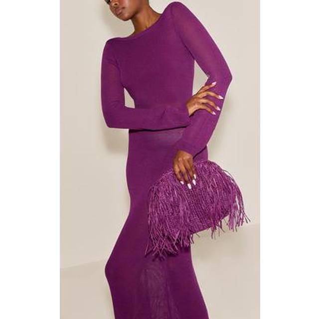Plum Slouchy Raffia Fringe Clutch, Purple - One Size