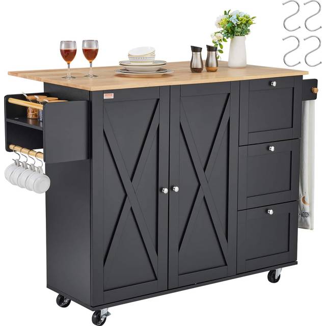 VEVOR Kitchen Island Cart, 56" Wood Top Mobile Carts with Storage Cabinet, Rolling Table with Drop Leaf, Spice Rack, Towel Bar, Adjustable Shelf, Drawer, and Hooks, Portable Islands on Wheels, Black