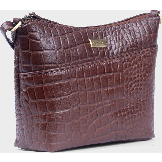 'CAROL' Embossed Croc Real Leather Designer Crossbody Shoulder Bag - Brown (One Size)