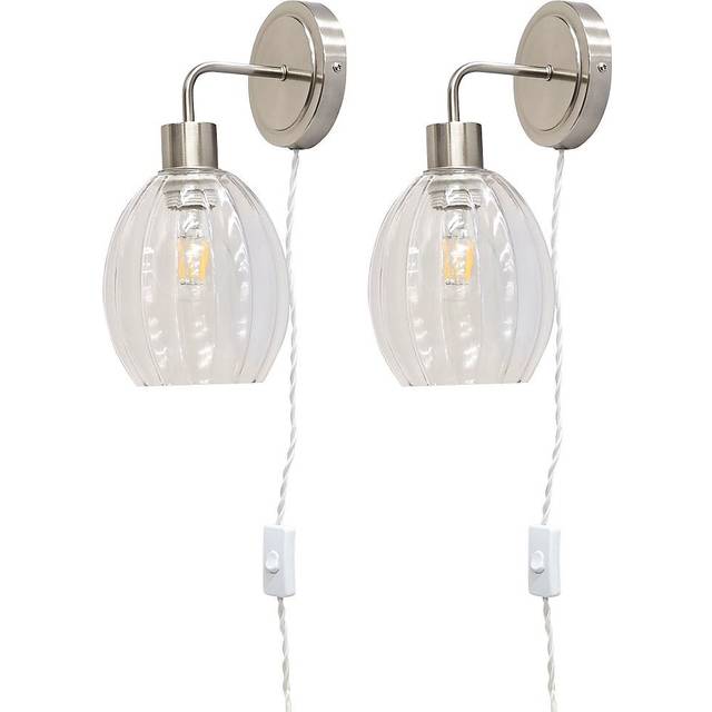 First Choice Lighting Set Of 2 Toby - Satin Nickel Plug In Wall Lights Fluted Shades - One Size