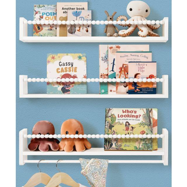 Natural Wood Nursery Floating Shelves Set of 3 with Towel Bar 23in Wall Mounted Organiser for Child's Room - White (15cm H x 60cm W x 12cm D)