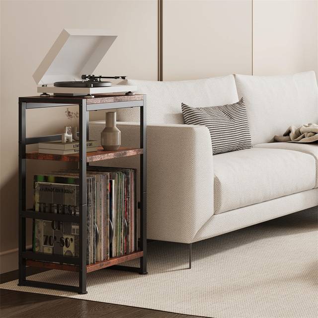 Vinyl Record Player Stand, 3-Tier End Table Cabinet Up To 120 Albums - Black;Brown (71cm H X 40cm W X 30cm D)