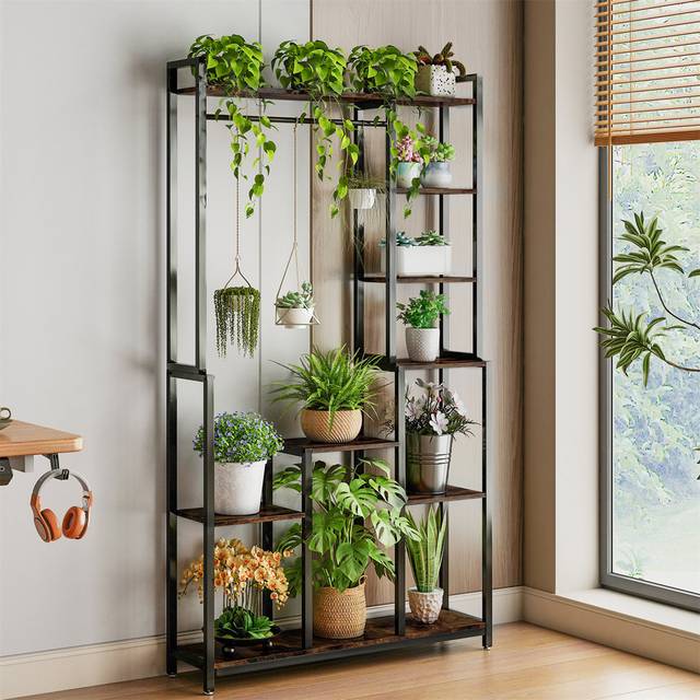 Extra Tall 7 Tiers Large Plant Shelf Industrial Wood Flower Stand Display Rack - Brown (180cm H X 98cm L X 23.8cm D)