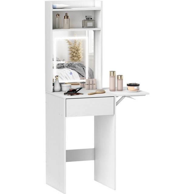 Small Dressing Table With Mirror, Adjustable LED Lights, Drop Leaf Side - White (152cm H X 45cm W X 45cm D)