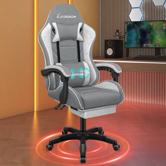 ELFORDSON Gaming Chair Home Office Chair Massage Fabric, Light Grey