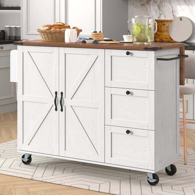 140cm Mobile Kitchen Island With Storage - Locking Wheels, Folding Tabletop & 3 Drawers - Space-saving Design - Black (92.5cm H X 140cm W X 45cm D)