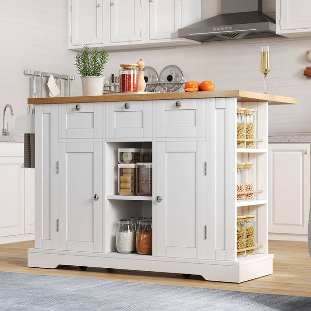 Kitchen Island With 3 Drawers, 2 Shelves And 2 Doors - White (87cm H X 132cm W X 70cm D)