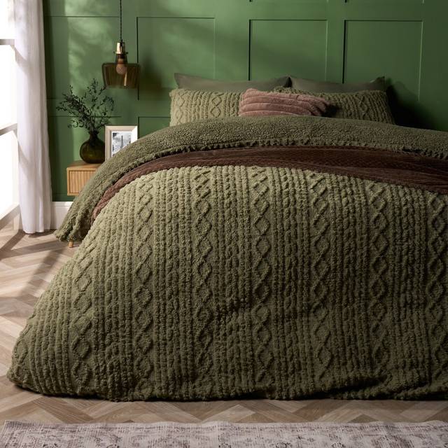 OHS Cable Knit Fleece Duvet Cover Set, Woodland Green - Double
