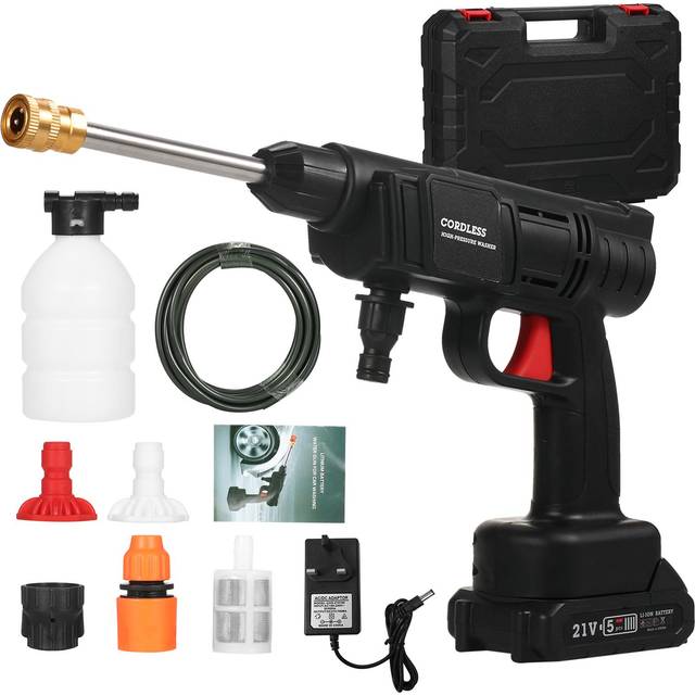 21V Cordless Portable Car Washer Electric High Pressure Cleaner 24.5Bar Car Washing Plant Watering 1pcs Battery & UK Plug black