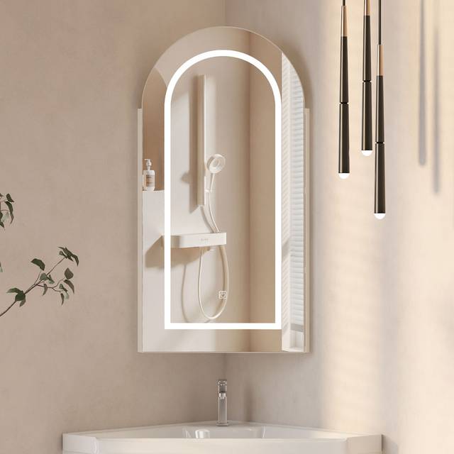 Corner Arched Medicine Cabinet With Mirror,Lighted Medicine Cabinet With 2 Storage Shelf - White (80mm H X 40.3mm W X 24mm D)