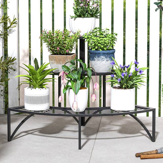 Outsunny 3 Tier Metal Corner Plant Stand for Garden Balcony Patio, Black, Black