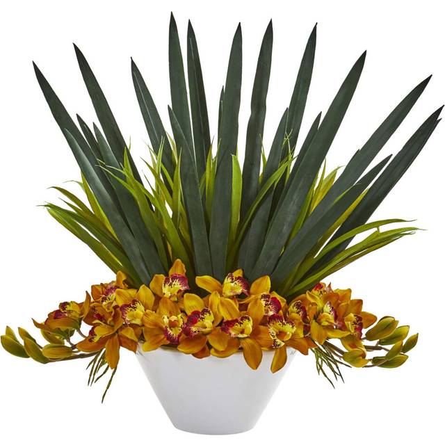 Nearly Natural Cymbidium Orchid Artificial White Bowl Silk Arrangements Yellow