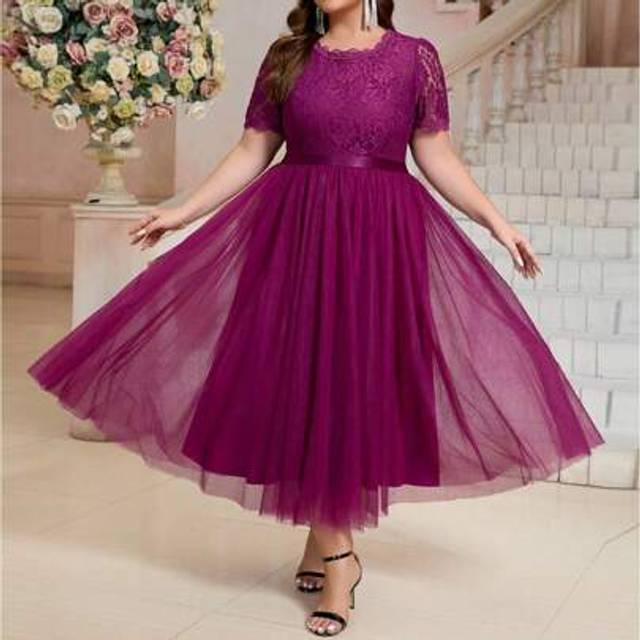 SHEIN Women&#39;s Plus Size Elegant Patchwork Party Dress, Modest Yet Sexy With Mesh And Lace Panels, Zipper Closure, Suitable For Formal Events, Cocktail Parti