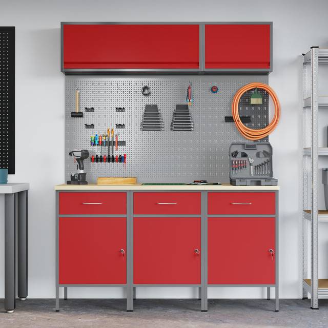Set Of 6 Steel Large Adjustable Feet Work Cabinet - Red (200cm H X 150cm W X 55cm D)
