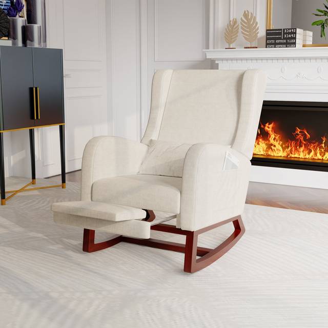 Modern Rocking Chair With Wooden Legs, Extendable Footrest, Wingback, Side Pockets & High Backrest - Gray (99cm H X 64cm W X 67cm D)
