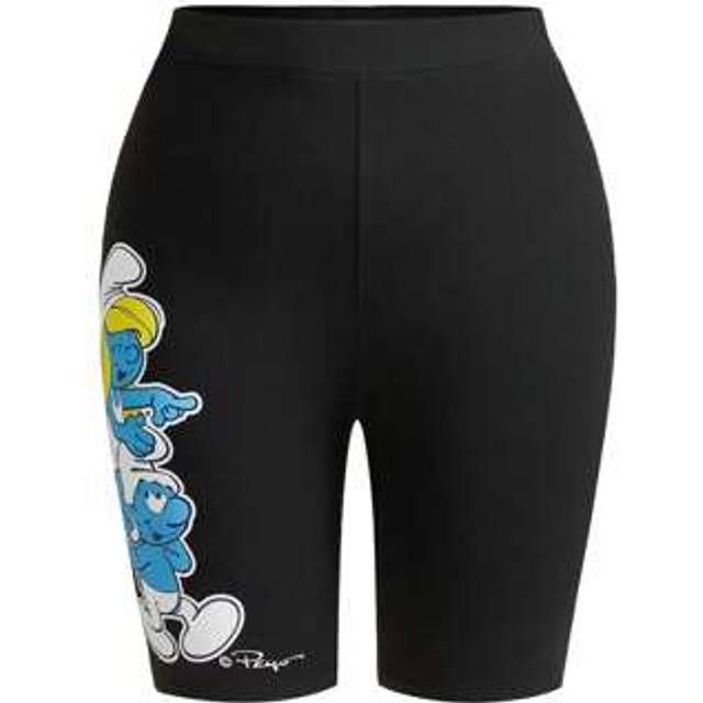 SHEIN Plus Size Cartoon Pattern Black Elastic Waist Cycling Shorts