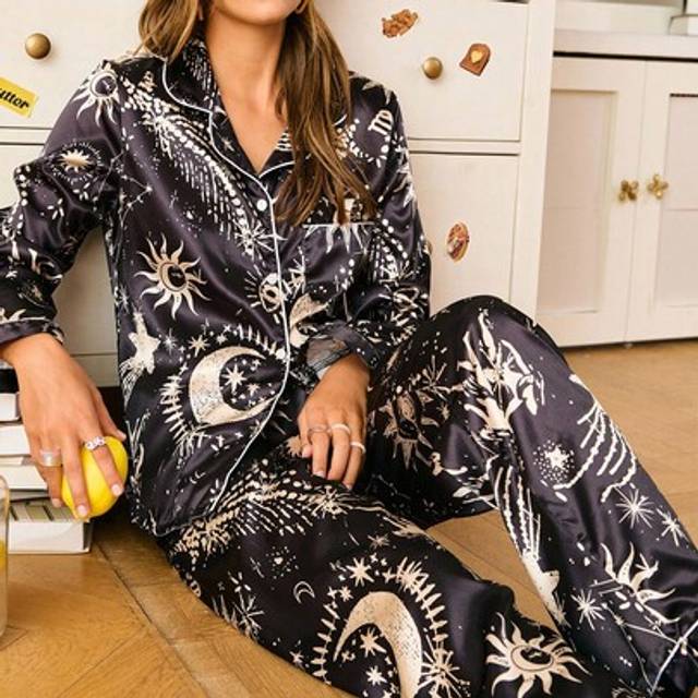 SHEIN Chillnights Fashionable Star, Sun, Moon Print Women Pajama Set, Long Sleeve Top & Pants Silk Pj Sets For Women Lounge Sets For Women Sleepwear Pj Set