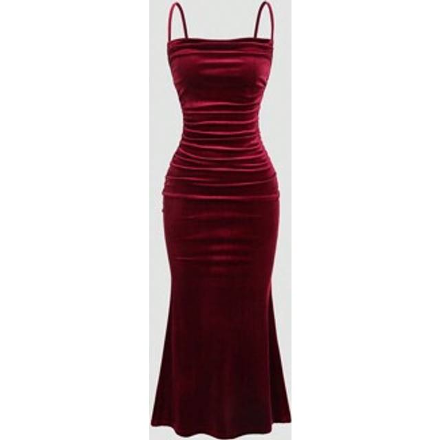 Sweetra Solid Color Spaghetti Strap Ruched Slim Fit Casual Vacation Dress For New Year Holiday Party Clothes Burgundy Maxi Velvet Women Outfit