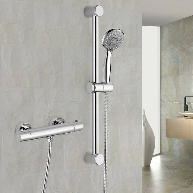 Nes Home Solid Brass Slider Rail Shower Kit Thermostatic Valve Chrome + Easy Fit - One Size