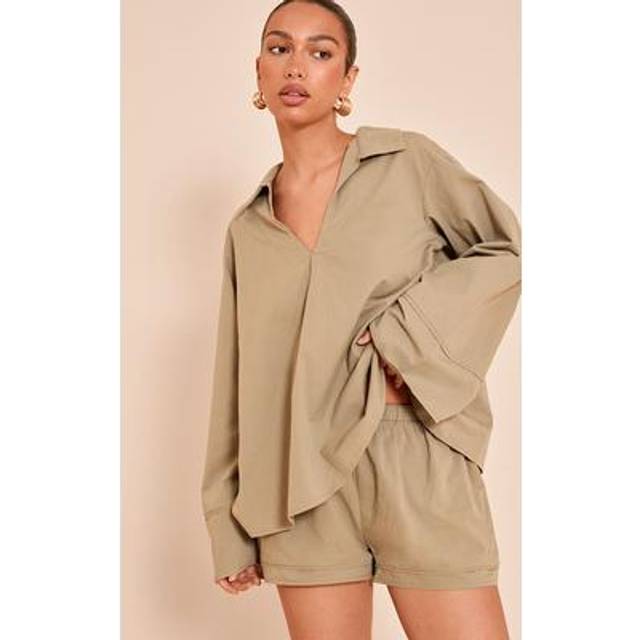 Light Khaki Cotton Woven Pleate Detail Floaty Shorts, Light Khaki - 10