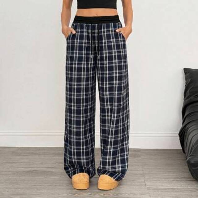 SHEIN Women&#39;s Casual Loose Checked Wide Leg Pants Lounge Pants Plaid Pants Pajama Pants Comfy Pants Loose Pants