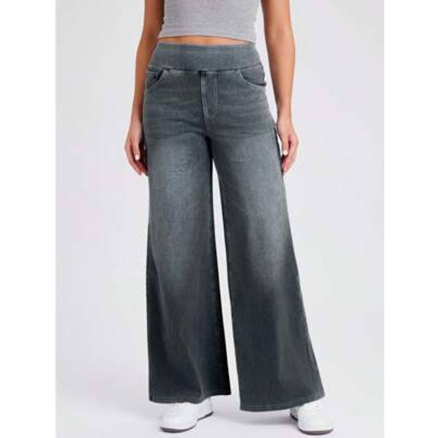 SHEIN Pull On Wide Leg Jeans For  Petite Women, High Waisted Stretchy Baggy Tummy Control Straight Leg Jeans Denim Pants With 31&#34; Inseam