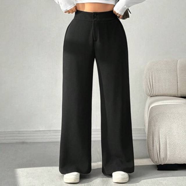 SHEIN Plus Size Black Casual High Waist Straight Leg Pants