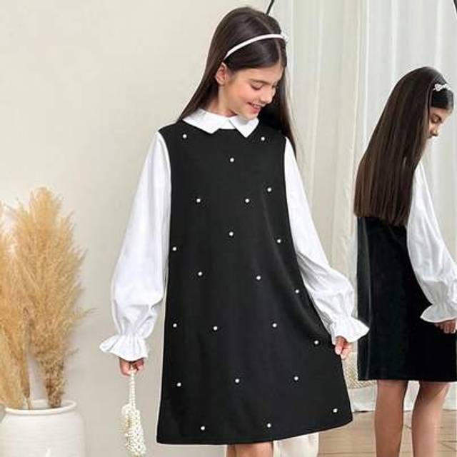 SHEIN Tween Girl Elegant Casual Commute Pearl Embellished Collar Patchwork Shirt Collar Puff Sleeve A-Line Dress, Suitable For Halloween, Christmas, School,