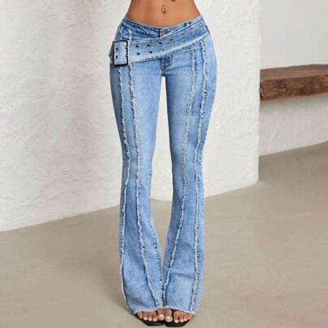 SHEIN Plus Size Bell-Bottom Jeans With Sun Emblem Button And Eyelets, Low-Waisted