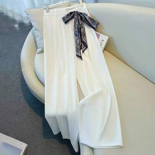 SHEIN Women&#39;s Ribbon Element Wide Leg Pants, Women&#39;s Casual Versatile White Trousers All White Casual Outfits Spring Roupa Para A Universidade Fall Cloth Fo
