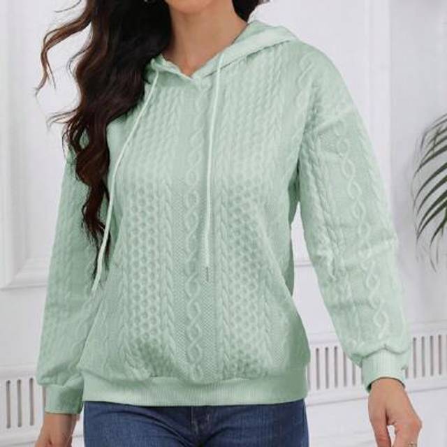 SHEIN Plus Size Women Loose Casual Solid Color Knitted Jacquard Long Sleeve Hoodie Sweatshirt