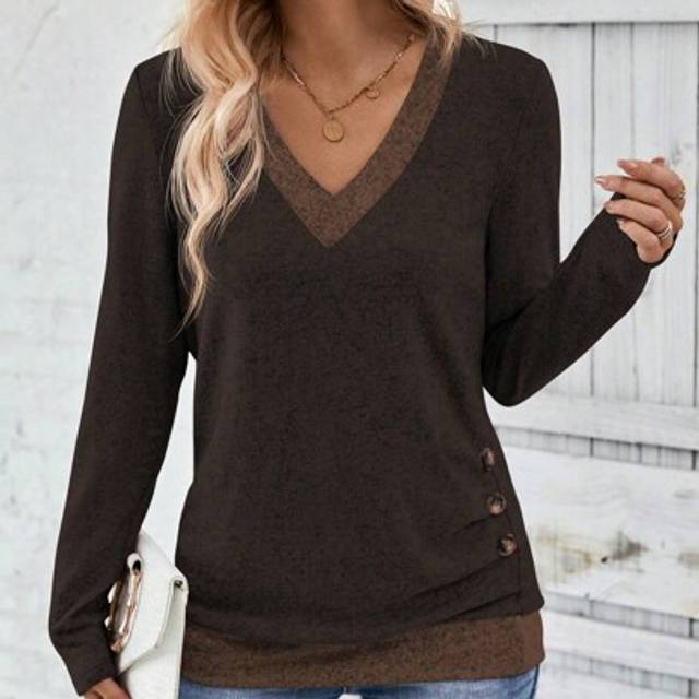 SHEIN Women Leopard Patchwork V-Neck Long Sleeve Ruffle Button Design Casual T-Shirt, Autumn Fall Cloth For Women