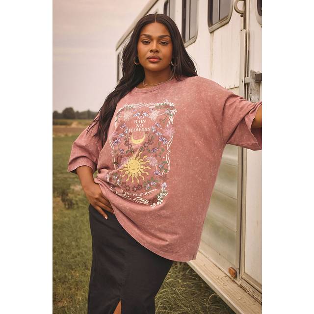 Yours Curve Orange 'No Rain No Flowers' Graphic Oversized Tshirt, Women's Curve & Plus Size, Yours - 16