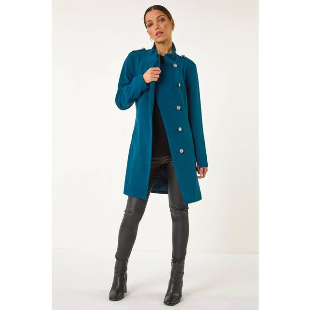 Roman Funnel Neck Buttoned Coat In Teal - 20