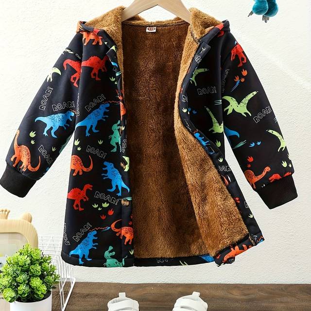 TEMU Black Dinosaur Furry Boys' Autumn And Winter Jacket