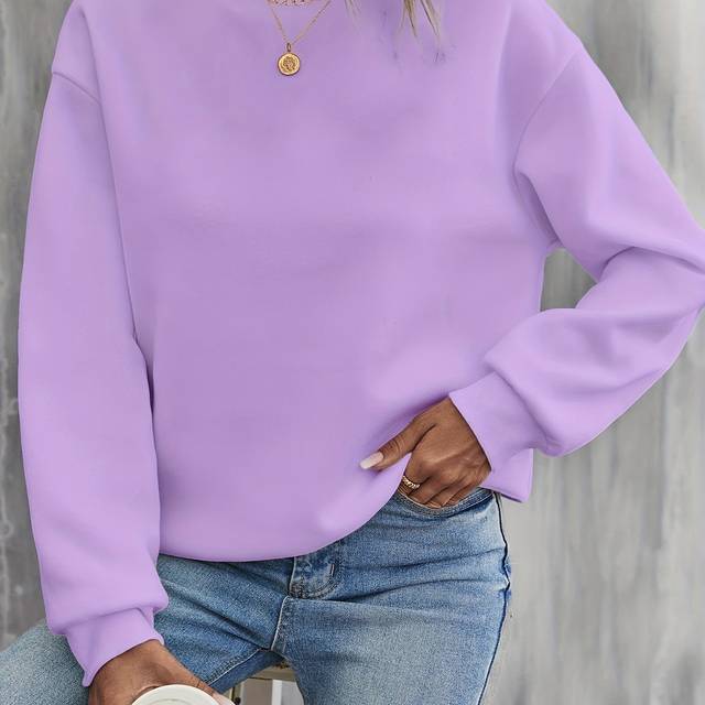 TEMU Women's Casual Fleece-lined Thick Round Neck Sweatshirt - Solid Color Loose Fit Pullover, Machine Washable Winter For Everyday Casual Wear, Autumn , Sporty Relaxed Style, Ribbed Cuffs Design