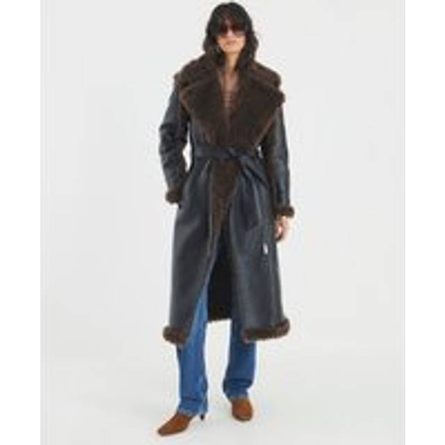 River Island Womens Black Faux Shearling Lined Belted Trench Coat - 16