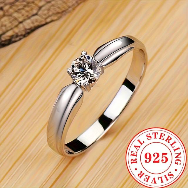 TEMU Classic Minimalist S925 Sterling Silvery 4-prong Shiny Round Synthetic Zirconia Engagement And Wedding Ring, Perfect Valentine's Day Gift For Her